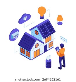 Isometric Smart Home Automation System and IoT Devices Controlled by Smartphone. Ai Smart Home Concept