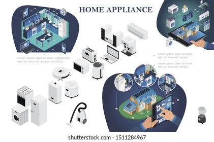 Isometric smart home composition with remote control of household appliances from modern digital devices vector illustration