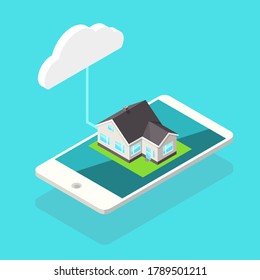 Isometric Smart Home Connected To the Cloud - Vector Icon Illustration.