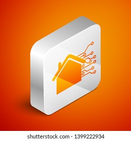 Isometric Smart home icon isolated on orange background. Remote control. Silver square button. Vector Illustration