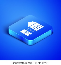Isometric Smart home icon isolated on blue background. Remote control. Blue square button. Vector Illustration