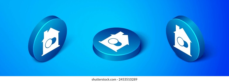 Isometric Smart home icon isolated on blue background. Remote control. Blue circle button. Vector