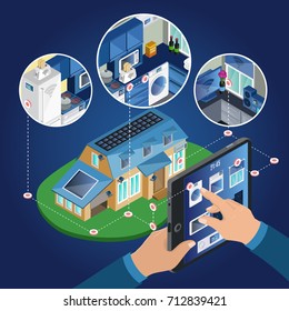 Isometric smart home management concept with remote control from tablet of different appliances and electronic devices vector illustration
