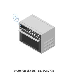 Isometric smart home microwave with electronic gadget symbols vector illustration