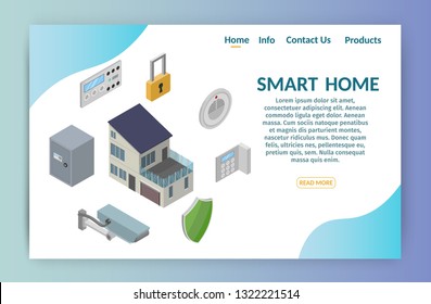 Isometric smart home security set elements of technology system alarm banner vector.