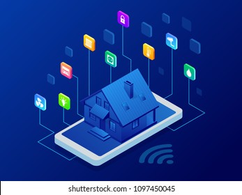 Isometric Smart home technology interface on smartphone app screen with augmented reality AR view of internet of things IOT connected objects in the apartment interior, person holding device