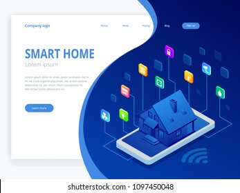 Isometric Smart home technology interface on smartphone app screen with augmented reality AR view of internet of things IOT connected objects in the apartment interior, person holding device