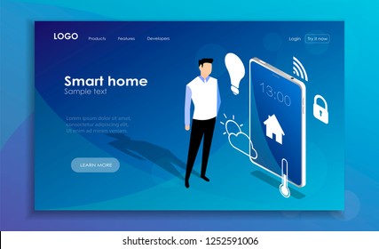 Isometric Smart home technology interface on smartphone app screen, person holding device.