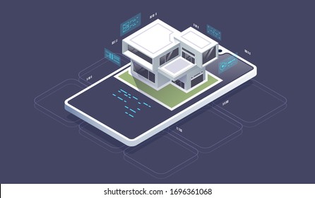 Isometric Smart home technology interface on smartphone app screen with augmented reality AR view. Small house standing on screen mobile phone and wireless connections