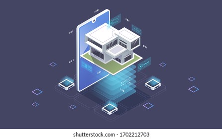 Isometric Smart home technology interface on smartphone app screen with augmented reality AR view. Smart home. Concept of house technology system with wireless centralized control.