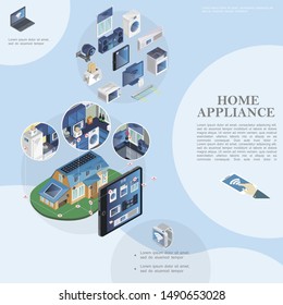 Isometric smart home template with modern household appliances and devices and remote control of domestic appliances from tablet vector illustration