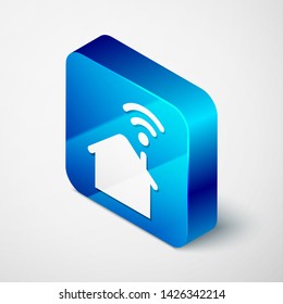 Isometric Smart home with wi-fi icon isolated on white background. Remote control. Blue square button. Vector Illustration