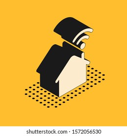 Isometric Smart home with wi-fi icon isolated on yellow background. Remote control.  Vector Illustration