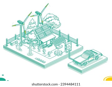 Isometric Smart House with Electric Car, Solar Panels, Wind Turbine and Electric Transformer. Generation of Green Energy. Sustainable Renewable Lifestyle. Green Energy Industry. Vector Illustration.