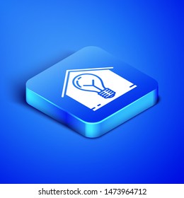 Isometric Smart house and light bulb icon isolated on blue background. Blue square button. Vector Illustration