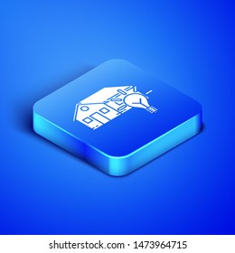 Isometric Smart house and light bulb icon isolated on blue background. Blue square button. Vector Illustration