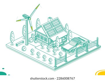 Isometric Smart House with Solar Panels, Wind Turbine and Electric Transformer. Generation of Green Energy. Sustainable Renewable Lifestyle. Green Energy Industry. Vector Illustration.