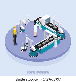 Isometric smart industry background round platform with two workers supervise the equipment vector illustration