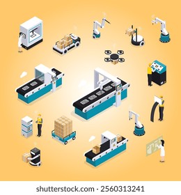 Isometric smart industry icon set with robotics tools and equipment service workers and scientists vector illustration