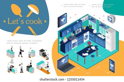 Isometric smart kitchen infographic concept with wireless control of appliances using mobile laptop tablet smartwatches and professional chefs cooking different dishes, vector illustration
