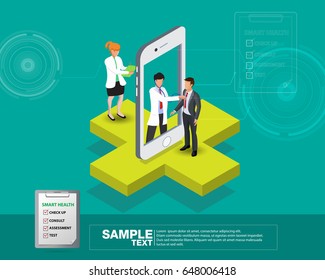 Isometric smart mobile health 3d design illustration - track your health condition through devices