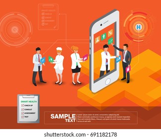 Isometric smart mobile health 3d design illustration - track your health condition through devices