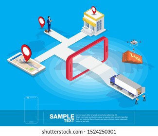 Isometric smart mobile logistics network Flat 3d vector illustration Set container shipping On-time delivery