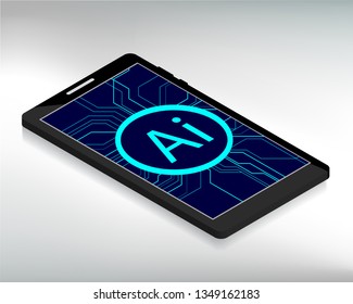 Isometric smart phone with Ai artificial intelligence concept on gray background with reflection