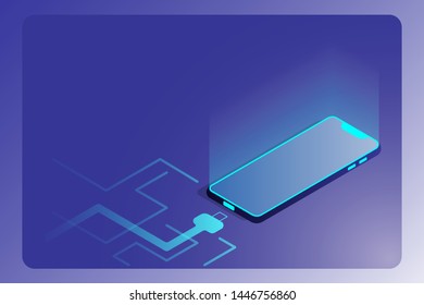 Isometric smart phone with charging cable isolated on background. Landing page and futuristic technology website design concept.