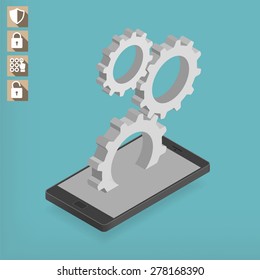 Isometric smart phone with Cogwheels and Security themed Icons, Flat design Style, Blue Background