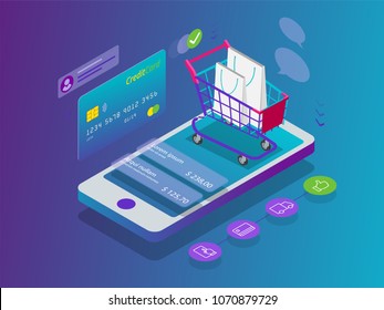 Isometric Smart phone online shopping concept. Online store, shopping cart icon. Ecommerce