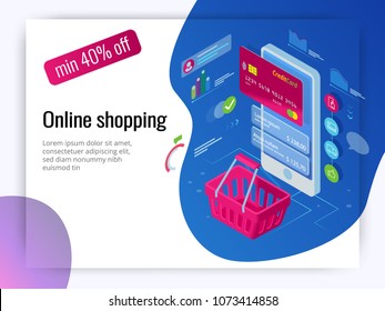 Isometric Smart phone online shopping concept. Online store, shopping cart icon. Ecommerce