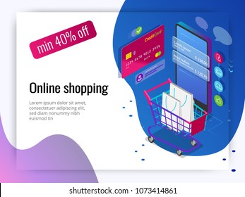 Isometric Smart phone online shopping concept. Online store, shopping cart icon. Ecommerce