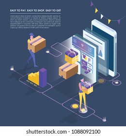 Isometric smart phone online shopping,   mobile store, distant trade, e-commerce flat isometric vector concept. Modern web design