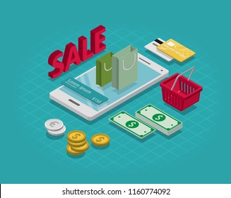 Isometric Smart phone online shopping concept. Vector illustration