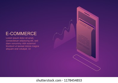 Isometric Smart phone online shopping concept. Online store, shopping cart icon. Ecommerce