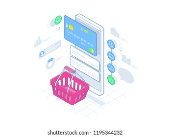 Isometric Smart phone online shopping on lines concept. Ecommerce. Vector illustration