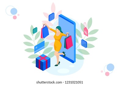Isometric Smart phone online shopping concept. Online store. Happy girl makes an onlan shopping with a credit card