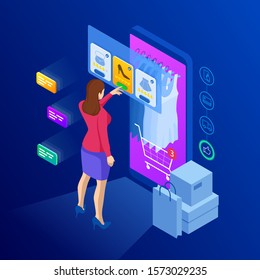 Isometric Smart phone online shopping concept. Online store, shopping cart icon. Ecommerce illustration