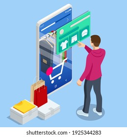 Isometric Smart Phone Online Shopping, Clothing Store Concept. Online Shopping E-commerce. Modern Shopping App On Smart Phone. Buying Clothes On Web Site Or App.