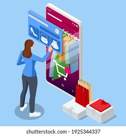 Isometric Smart Phone Online Shopping, Clothing Store Concept. Online Shopping E-commerce. Modern Shopping App On Smart Phone. Buying Clothes On Web Site Or App.