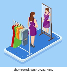 Isometric Smart Phone Online Shopping, Clothing Store Concept. Online Shopping E-commerce. Modern Shopping App On Smart Phone. Buying Clothes On Web Site Or App.