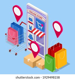 Isometric Smart phone online shopping, clothing store concept. Online shopping e-commerce. Modern shopping app on smart phone. Buying clothes on web site or app.