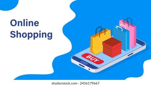 Isometric Smart phone online shopping concept. Online store, shopping cart icon. Ecommerce. Vector illustration in flat style