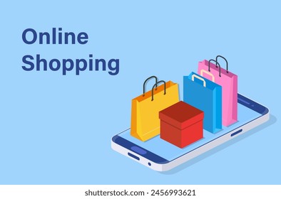 Isometric Smart phone online shopping concept. Online store, shopping cart icon. Ecommerce. Vector illustration in flat style