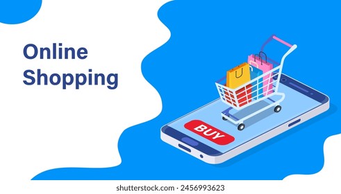 Isometric Smart phone online shopping concept. Online store, shopping cart icon. Ecommerce. Vector illustration in flat style