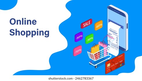 Isometric Smart phone online shopping concept. Online store, shopping cart icon. Ecommerce. Vector illustration in flat style