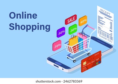 Isometric Smart phone online shopping concept. Online store, shopping cart icon. Ecommerce. Vector illustration in flat style