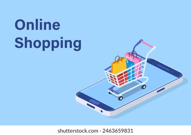 Isometric Smart phone online shopping concept. Online store, shopping cart icon. Ecommerce. Vector illustration in flat style