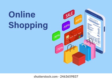 Isometric Smart phone online shopping concept. Online store, shopping cart icon. Ecommerce. Vector illustration in flat style